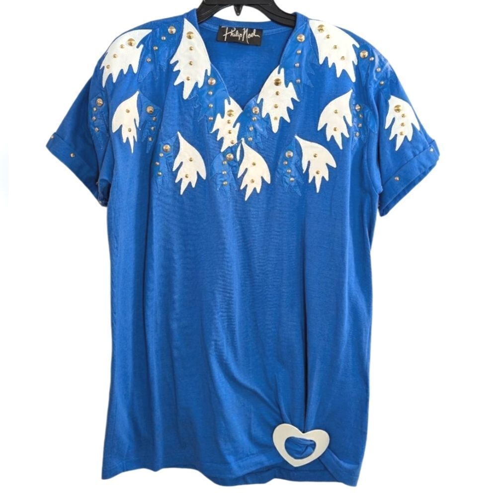 Phillip Noel blue white leather embellished studded vintage tunic T-shirt top OS